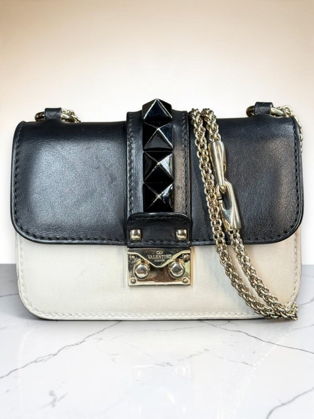 Valentino Garavani Bicolor Small Glam Lock Rockstud Flap Crossbody Bag with COA